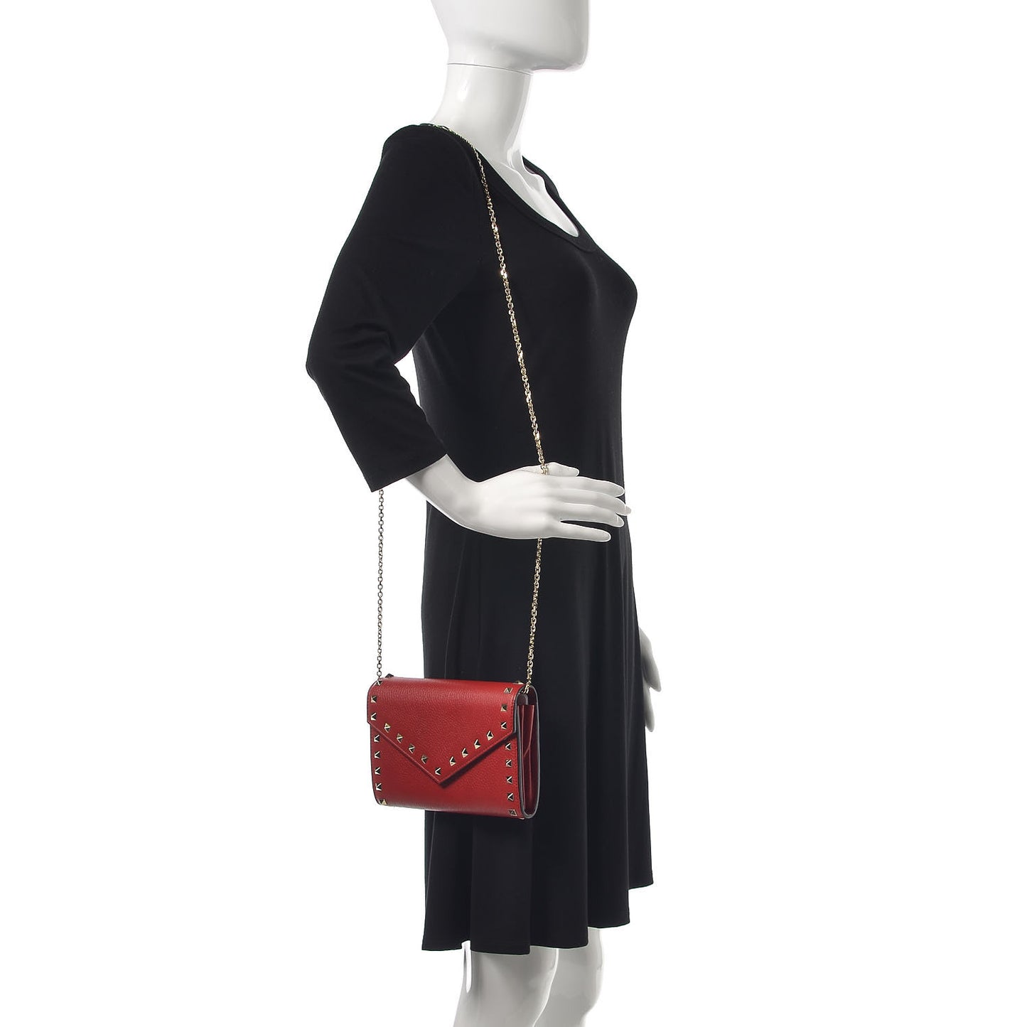Pebbled Calfskin Rockstud Envelope Wallet on Chain Rosso Valentino