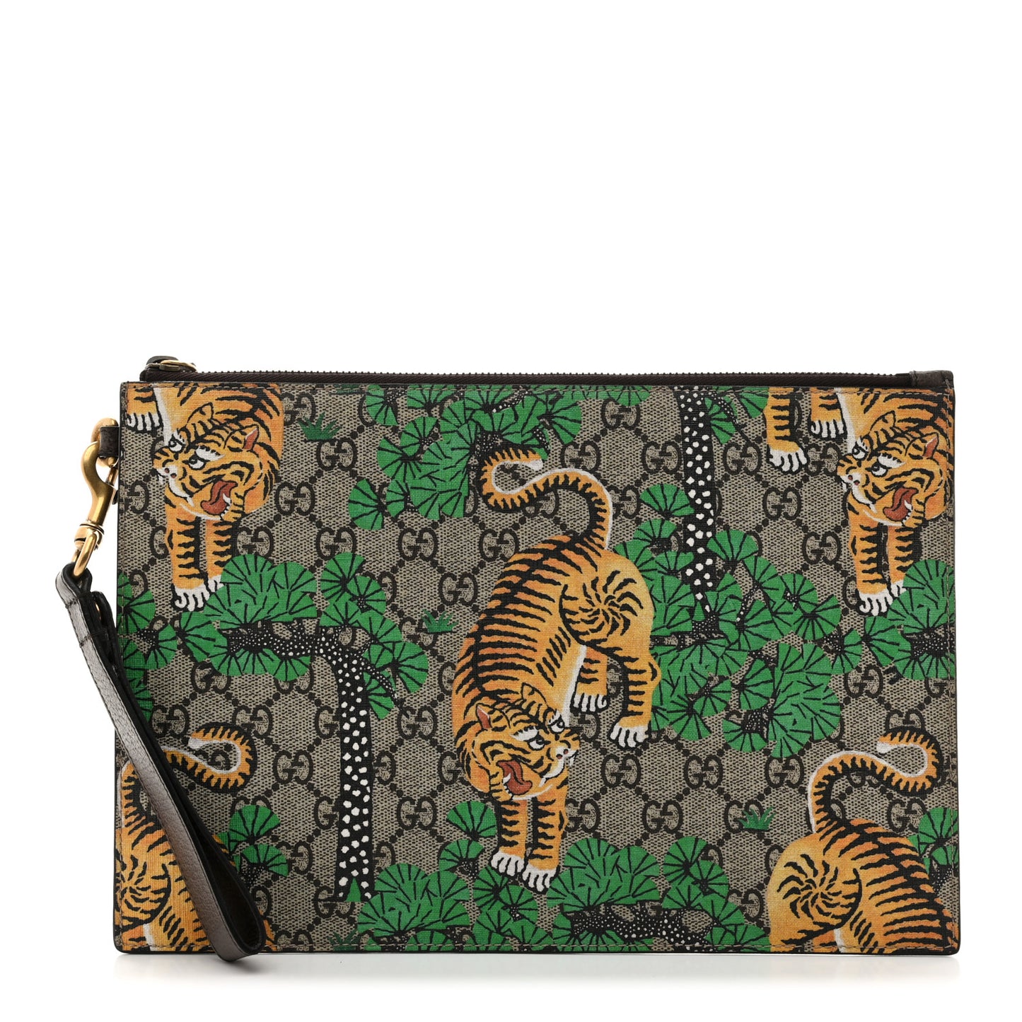 GG Supreme Monogram Bengal Zip Wristlet Pouch Beige Yard