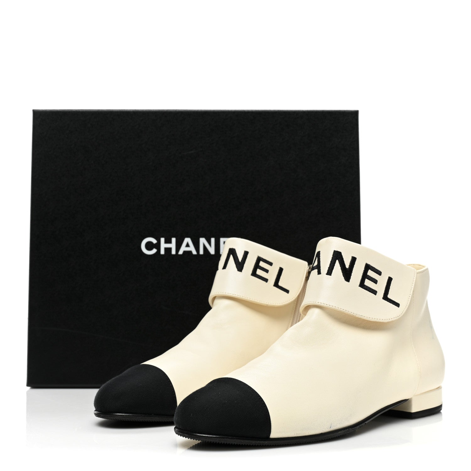 Chanel Lambskin Grosgrain Fold Over Logo Cap Toe Boots 36.5 Ivory Black 15 of 15