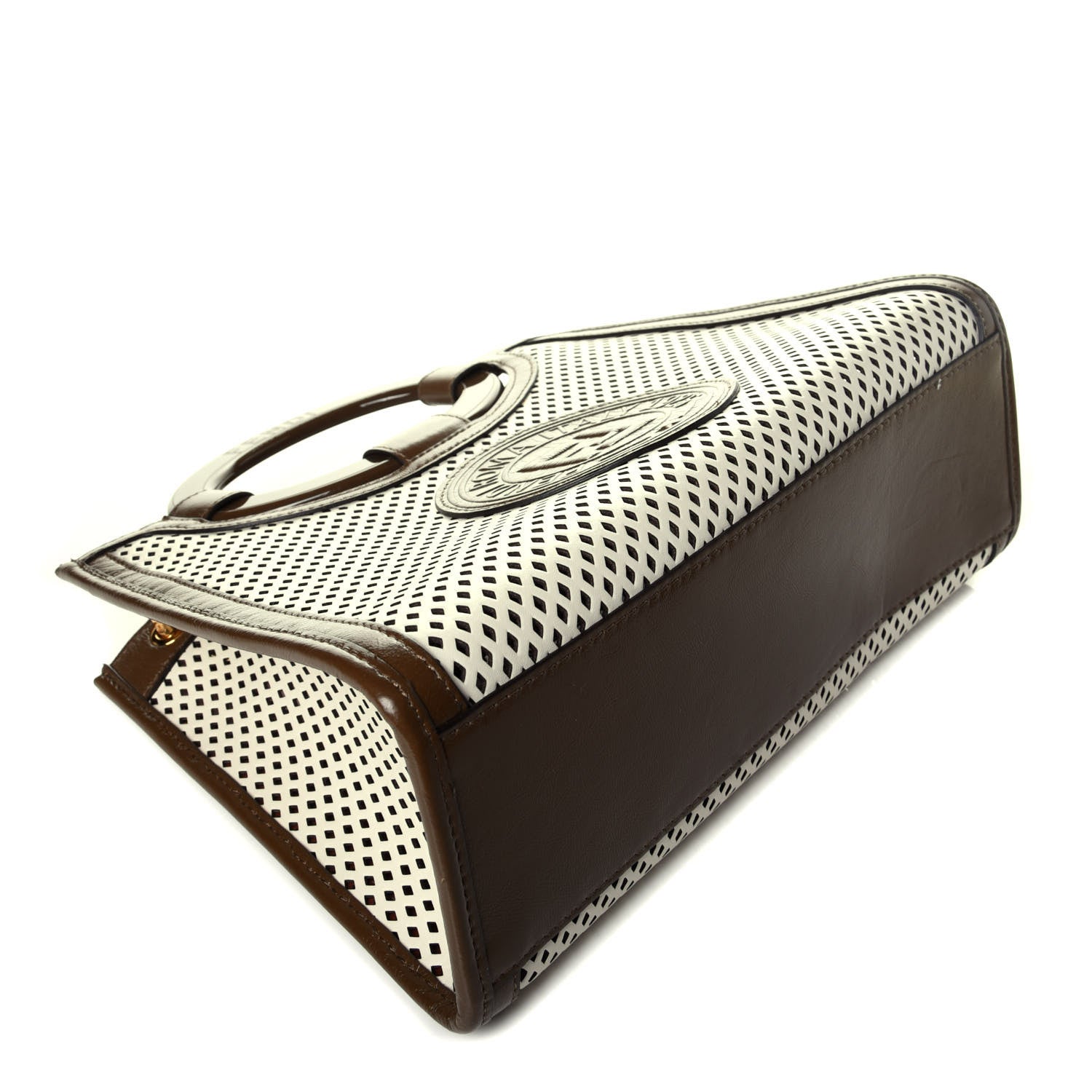 Fendi Vitello Liberty Glossy Lambskin Perforated Small Runaway Shopper Tote White Ice Rust Maya 4 of 8