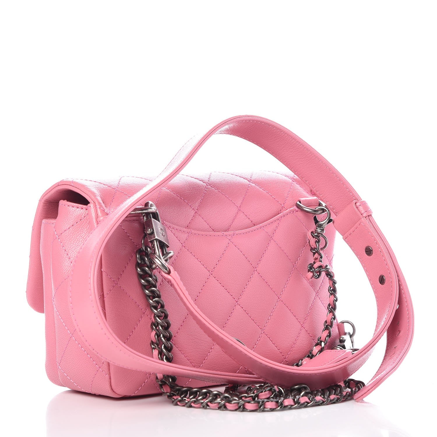 Chanel Shiny Goatskin Quilted Small Double Carry Waist Chain Flap Pink 4 of 9