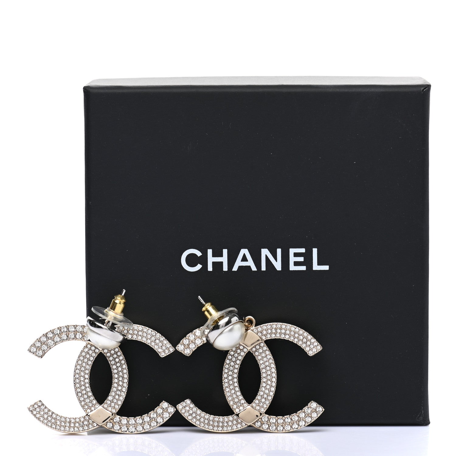 Chanel Crystal Pearl CC Drop Earrings Gold Silver 5 of 5