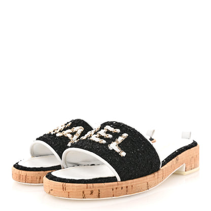 Chanel Tweed Cork CC Chain Mule Sandal 38.5 Black 4 of 10