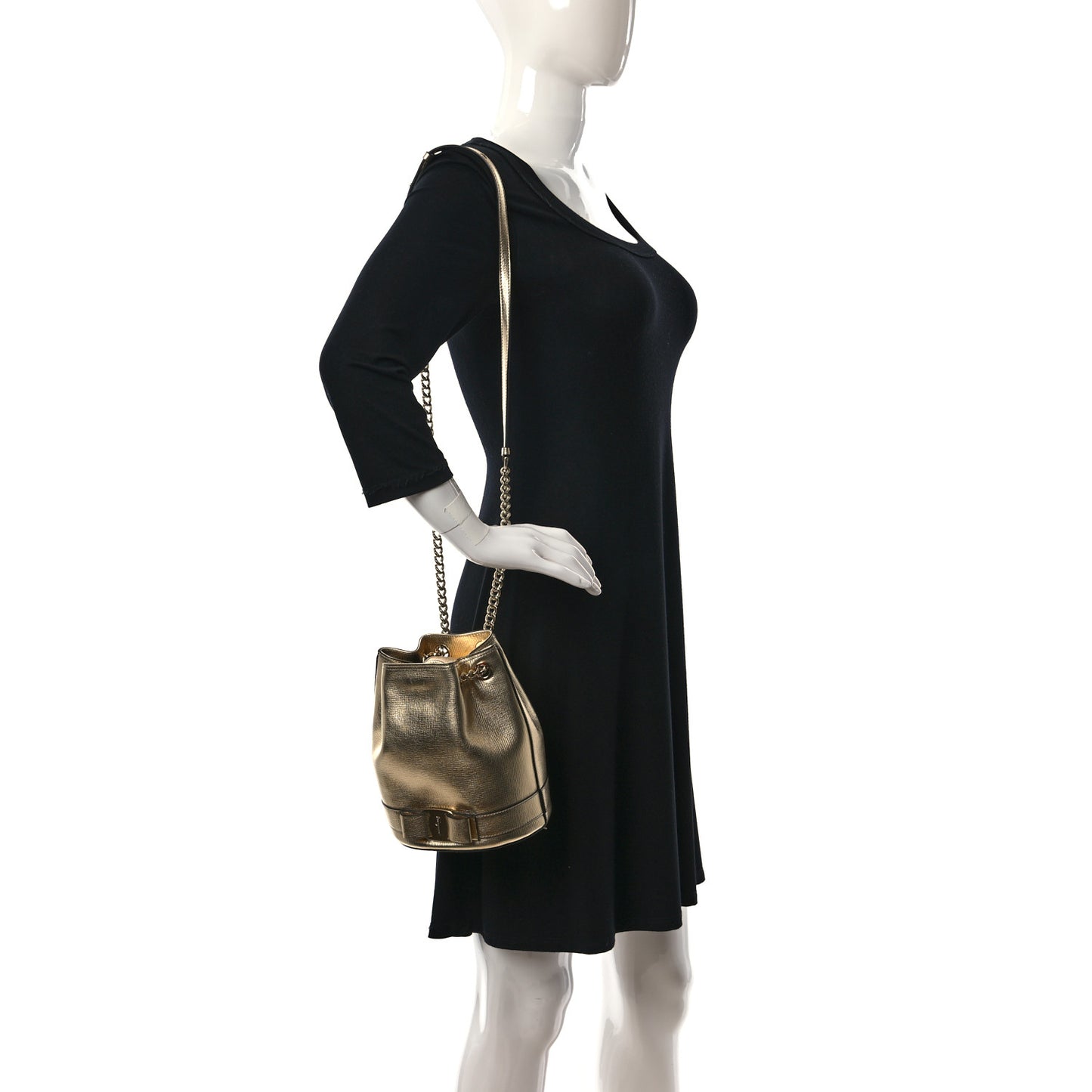 Metallic Calfskin Vara Bow Bucket Bag Gold