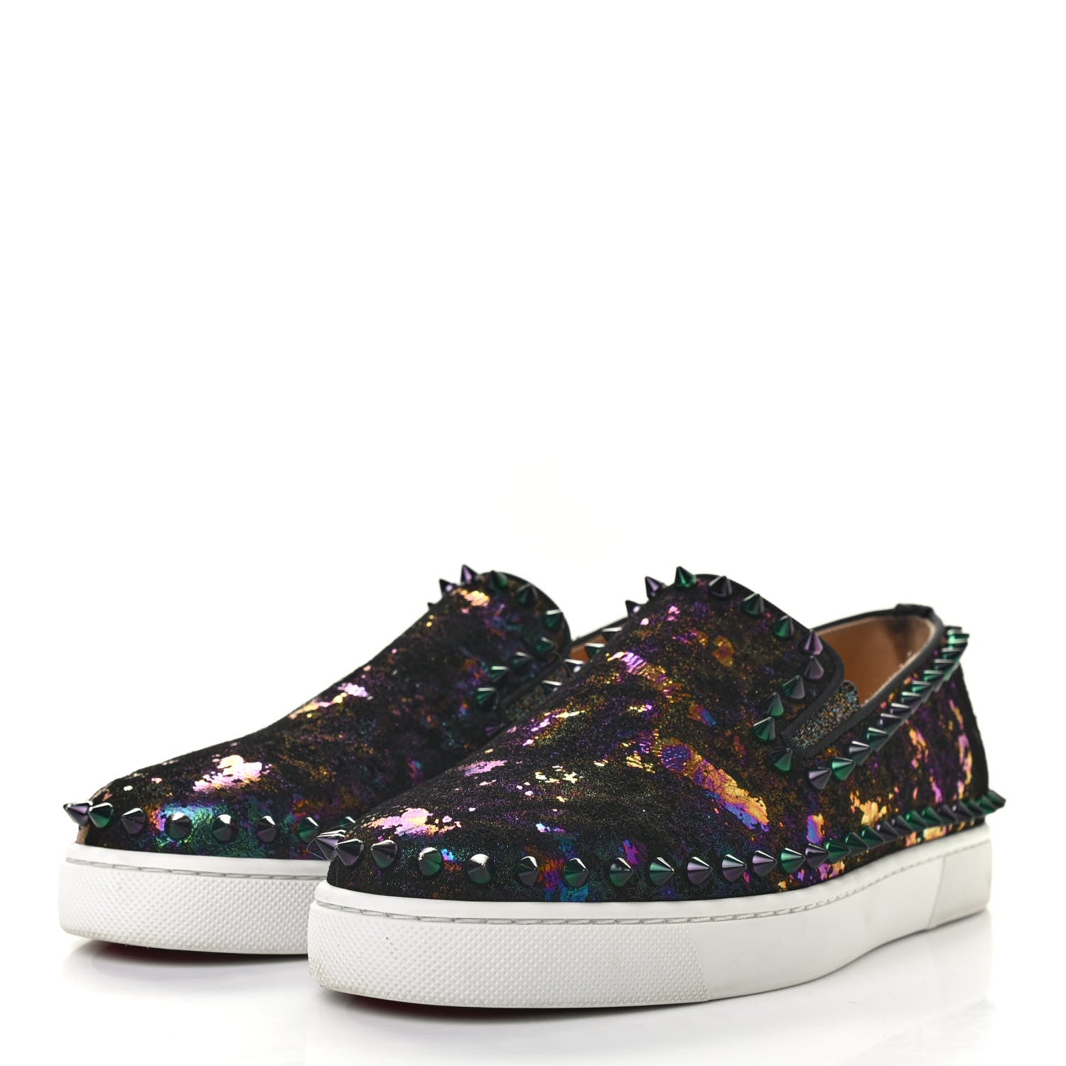 Christian Louboutin Metallic Veau Velours Pik Boat Studded Womens Slip On Sneakers 36 Black Multicolor 3 of 10