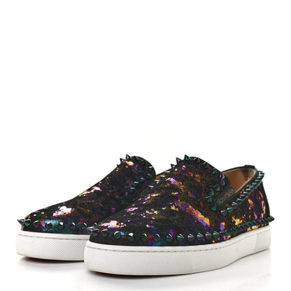 Christian Louboutin Metallic Veau Velours Pik Boat Studded Womens Slip On Sneakers 36 Black Multicolor 3 of 10