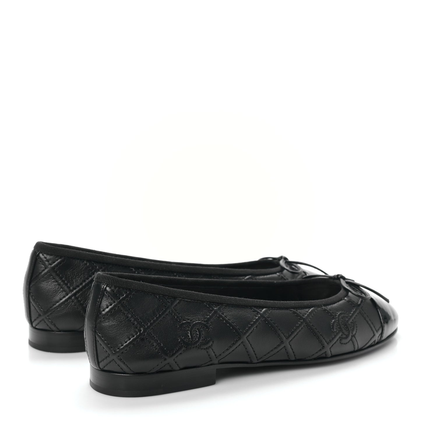 Lambskin Patent Double Stitched CC Cap Toe Ballerina Flats 38.5 Black