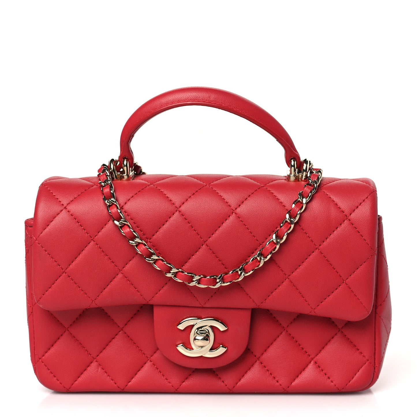 Lambskin Quilted Mini Top Handle Rectangular Flap Red