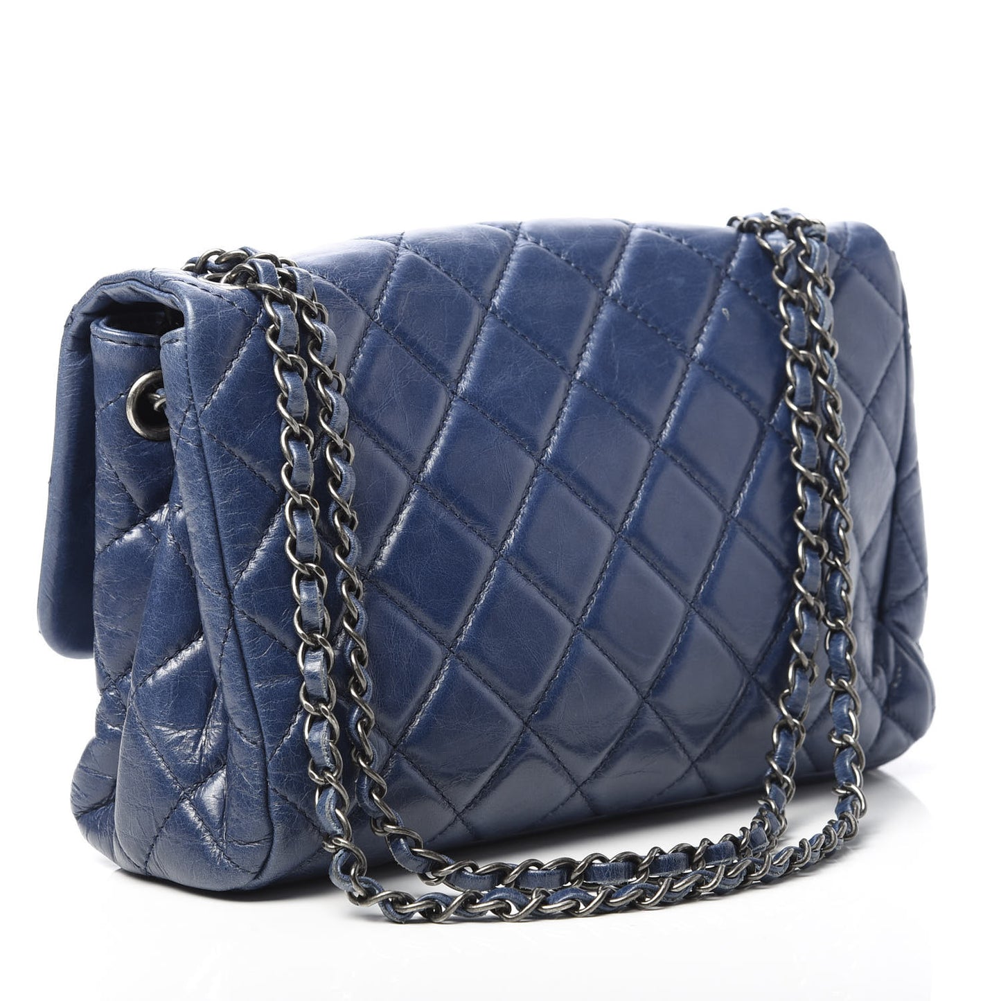 Glazed Calfskin Quilted Large Coco Soft Flap Navy