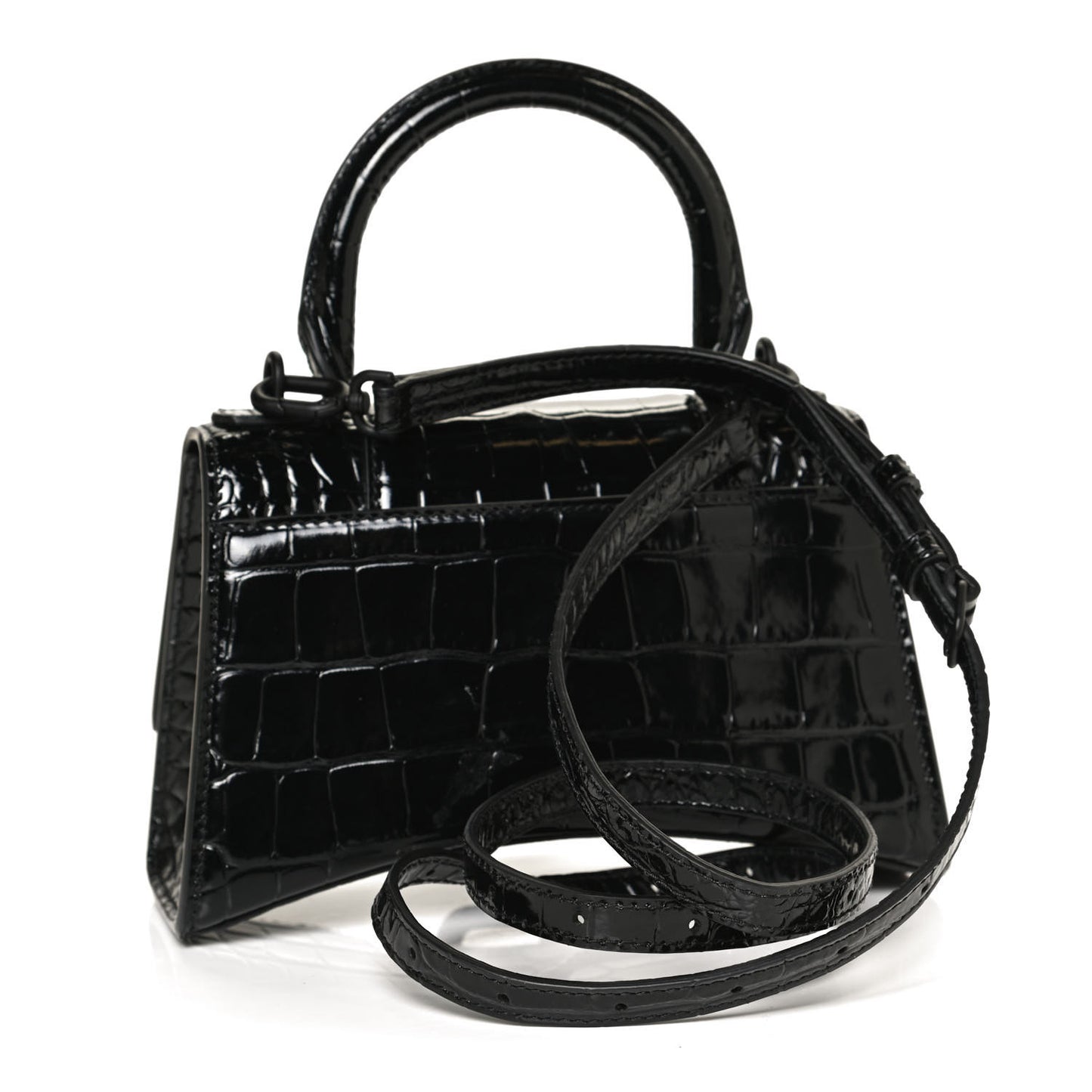 Shiny Calfskin Monochrome Crocodile Embossed Hourglass Top Handle Bag XS Black