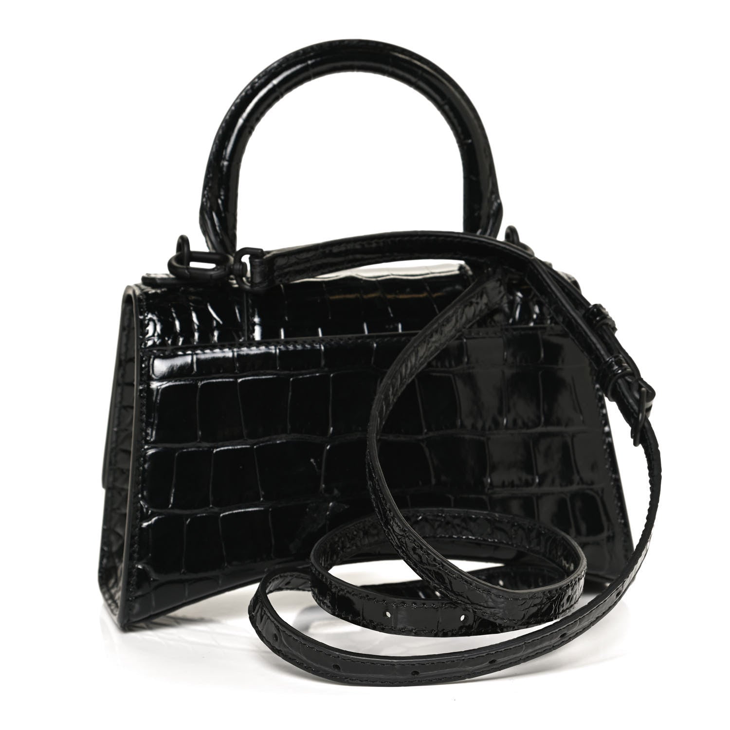 Balenciaga Shiny Calfskin Monochrome Crocodile Embossed Hourglass Top Handle Bag XS Black 3 of 11