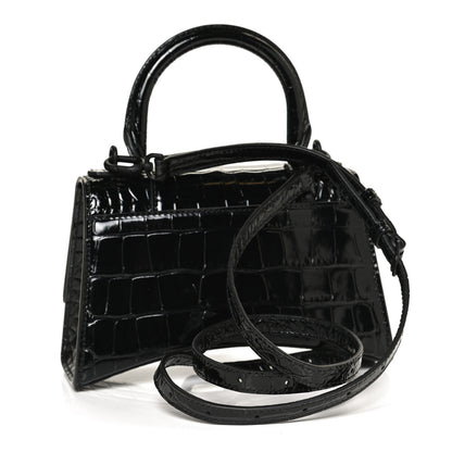 Balenciaga Shiny Calfskin Monochrome Crocodile Embossed Hourglass Top Handle Bag XS Black 3 of 11