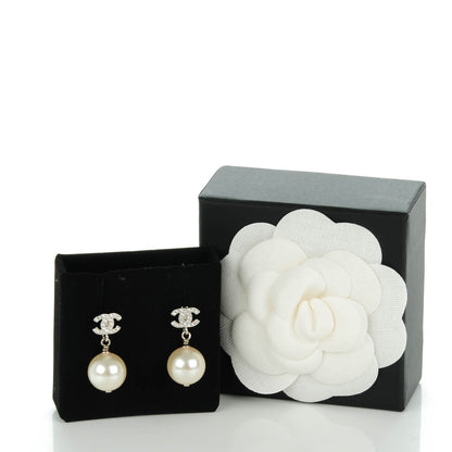 Chanel Crystal Pearl CC Drop Earrings Silver 6 of 6