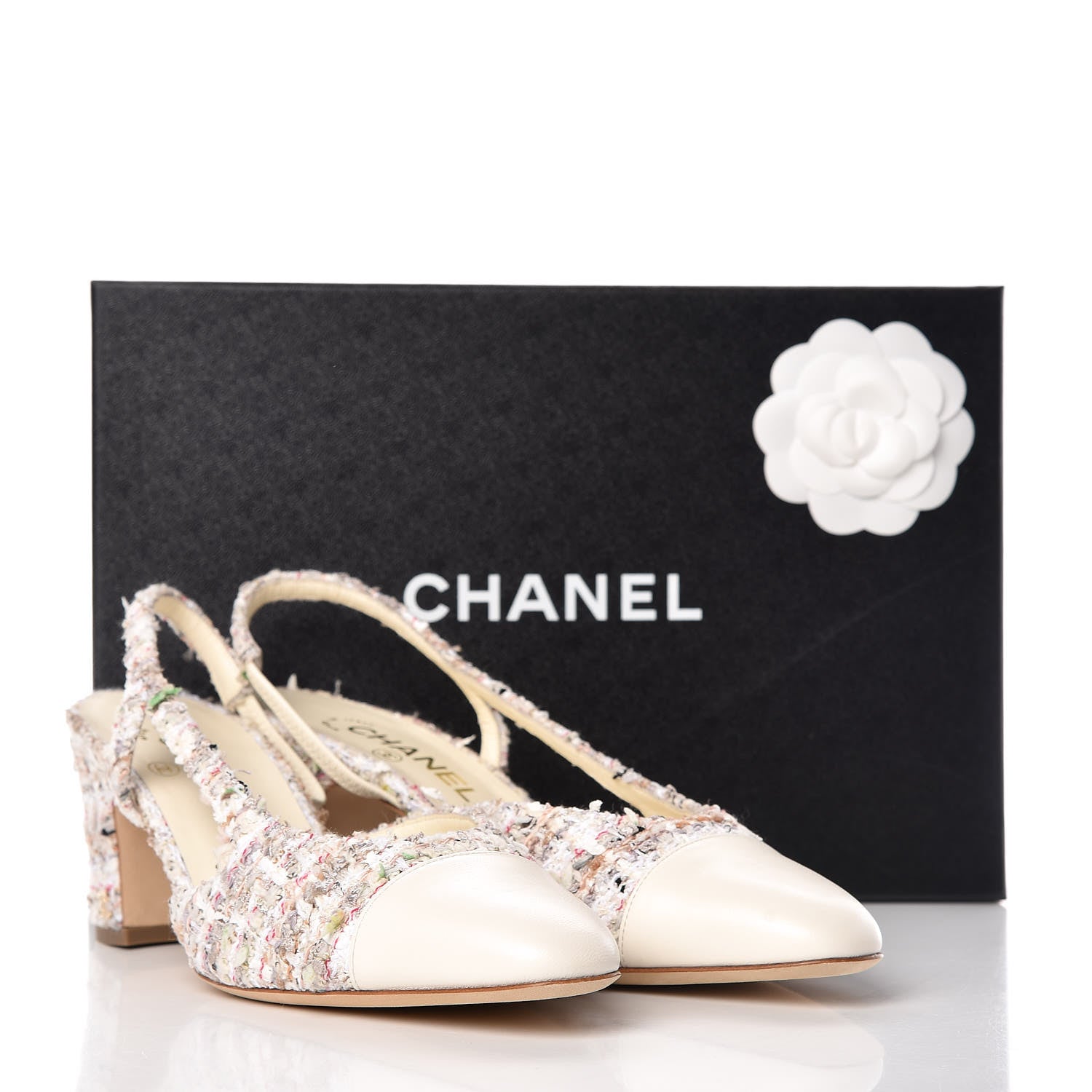 Chanel Tweed Lambskin Cap Toe CC Slingback Pumps 39.5 Brown Ecru Green White 11 of 11
