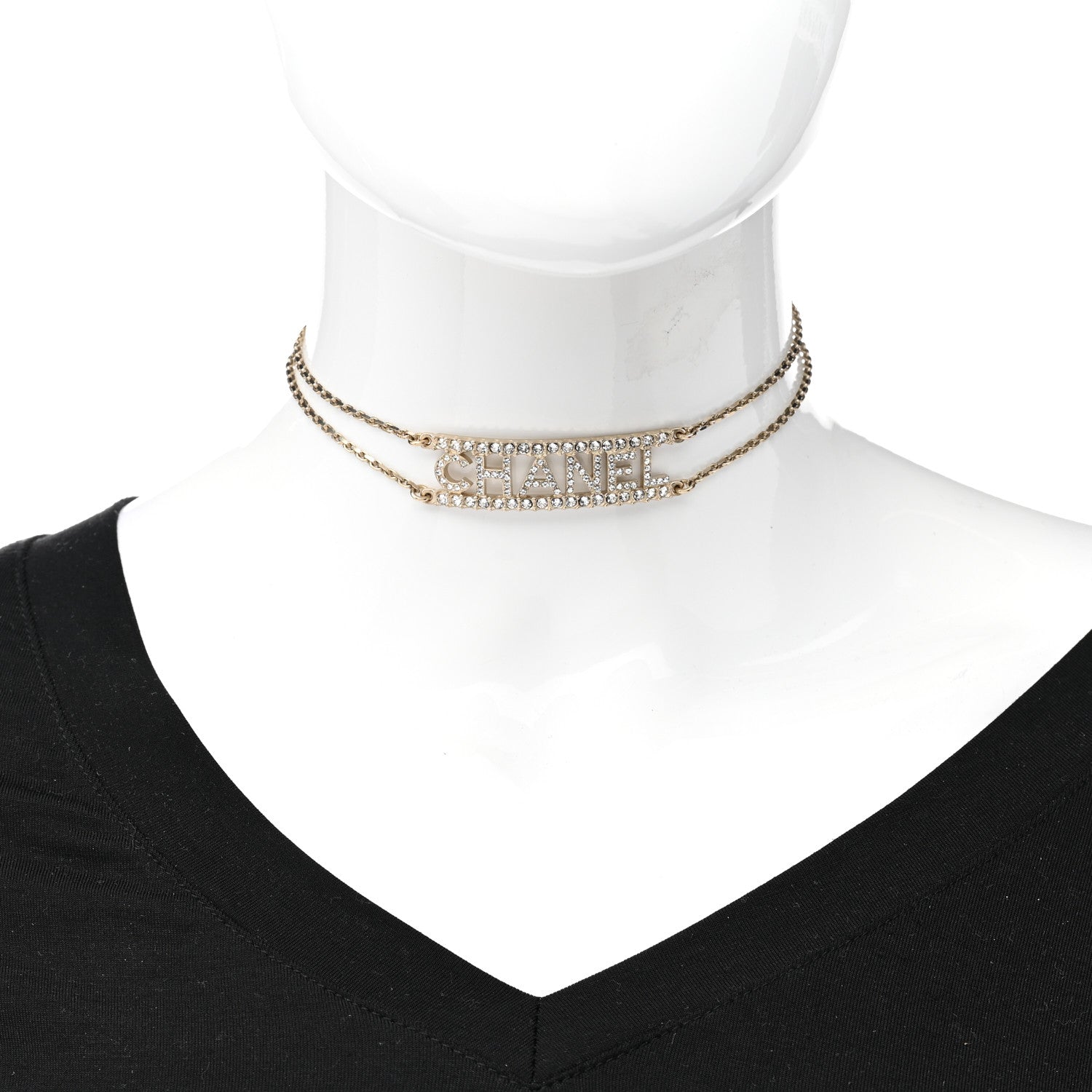 Chanel Metal Crystal Logo Choker Necklace Gold 2 of 6