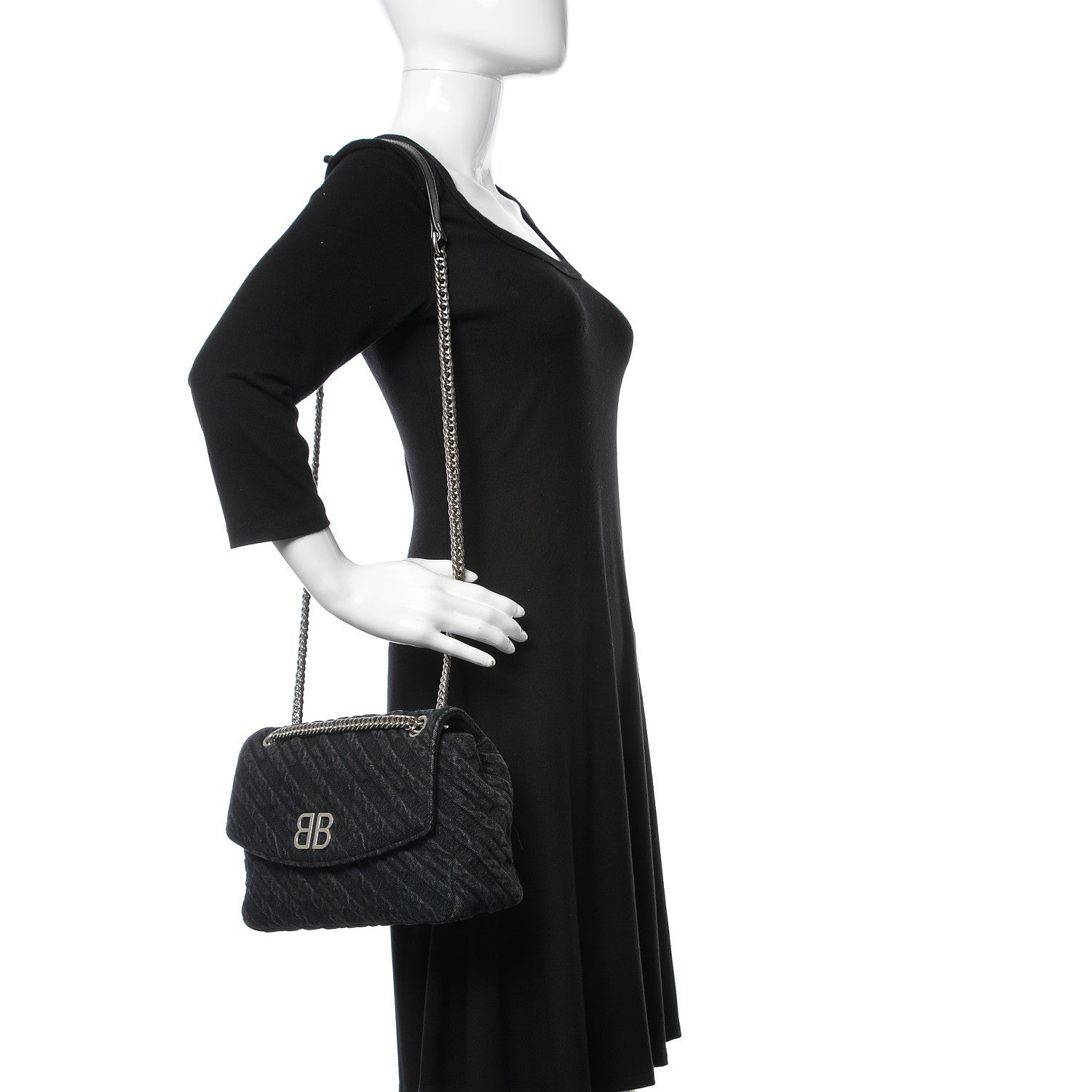 Balenciaga Destroyed Denim Jacquard Logo Matelasse M BB Round Shoulder Bag Black 2 of 12