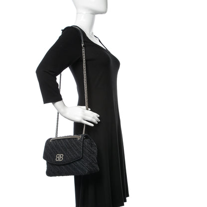 Balenciaga Destroyed Denim Jacquard Logo Matelasse M BB Round Shoulder Bag Black 2 of 12