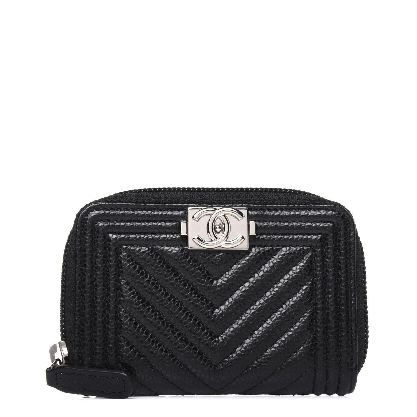 Caviar Chevron Quilted Boy Zip Around Coin Purse Wallet Black