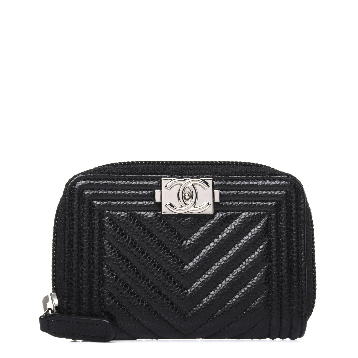 Chanel Caviar Chevron Quilted Boy Zip Around Coin Purse Wallet Black 1 of 8