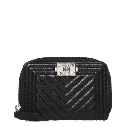 Chanel Caviar Chevron Quilted Boy Zip Around Coin Purse Wallet Black 1 of 8