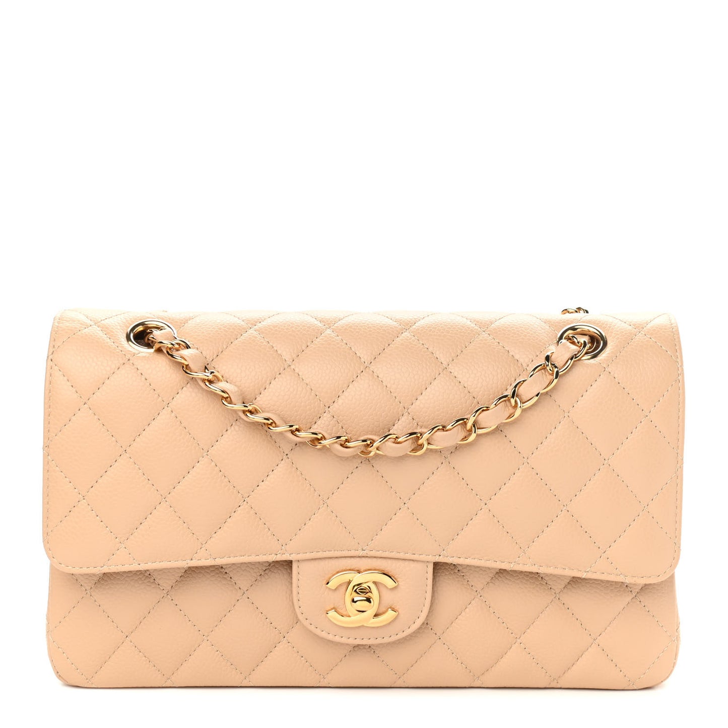 Caviar Quilted Medium Double Flap Beige