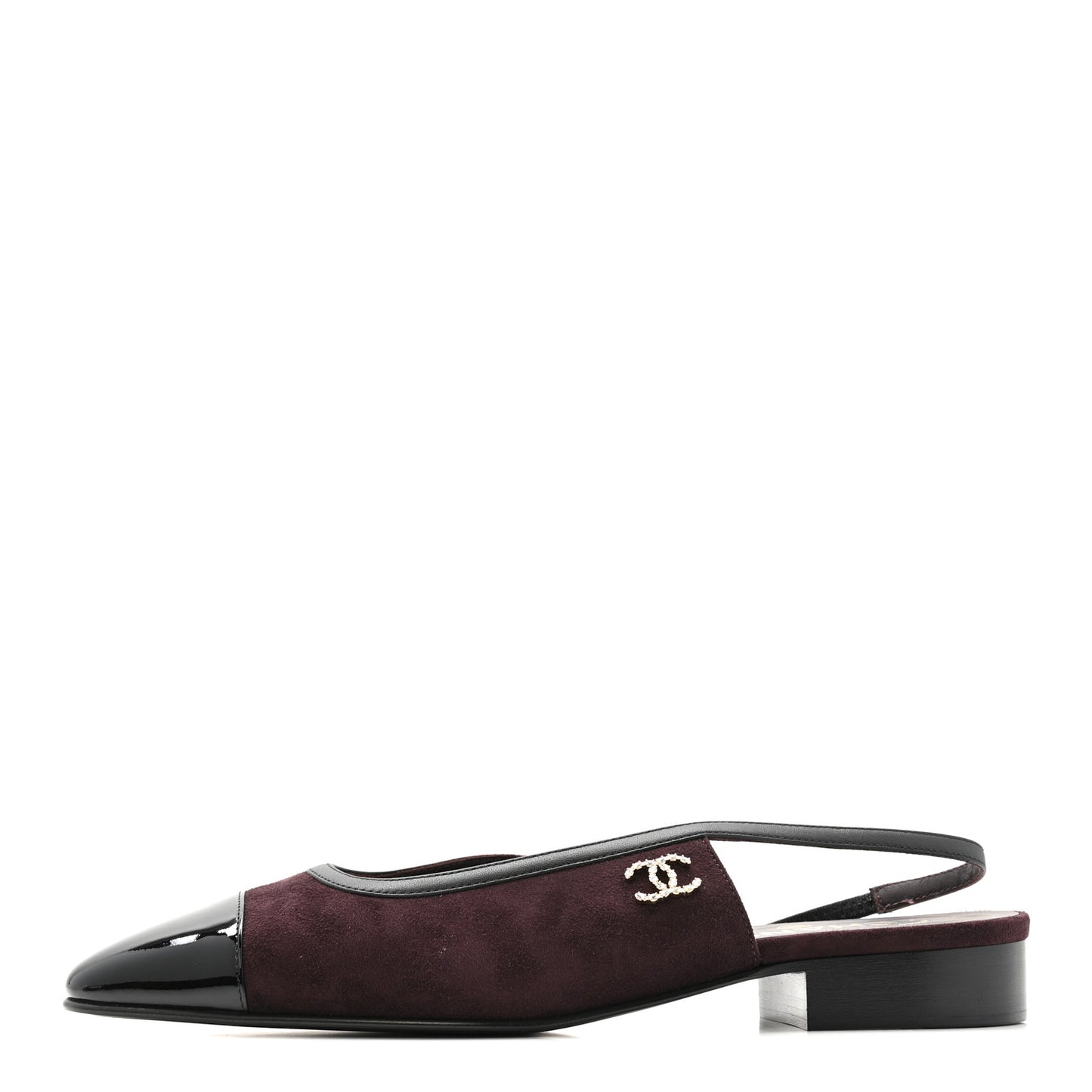 Suede Patent Crystal CC Cap Toe Slingback Flats 39.5 Burgundy Black