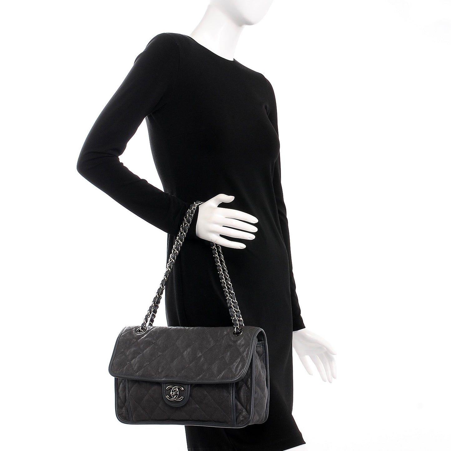 Caviar Quilted Large French Riviera Flap Dark Grey