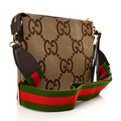 Gucci Monogram Jumbo GG Textured Dollar Calfskin Web Wristlet Messenger Bag Camel Ebony New Acero 3 of 11