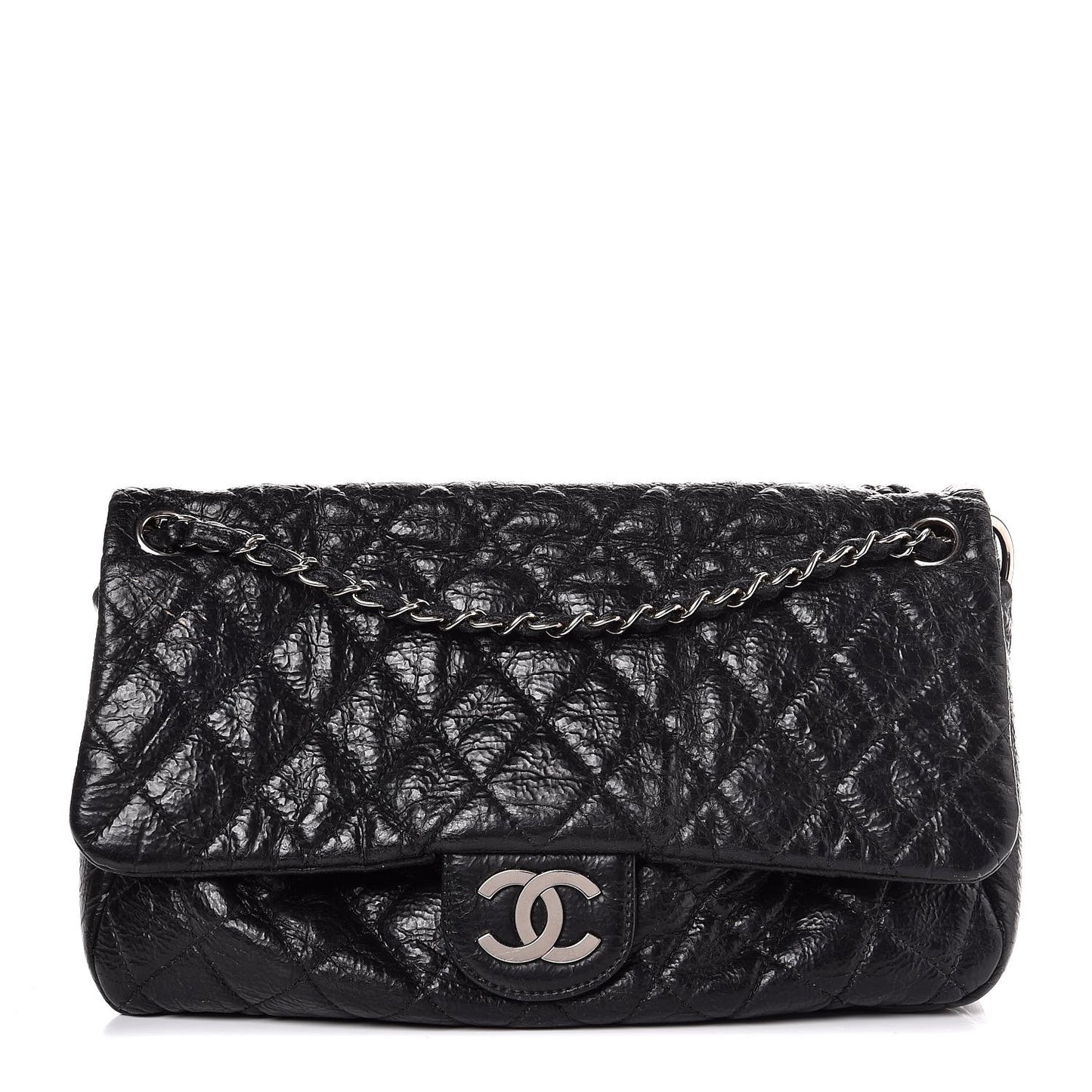 Crackled Calfskin Quilted Large Flap Black