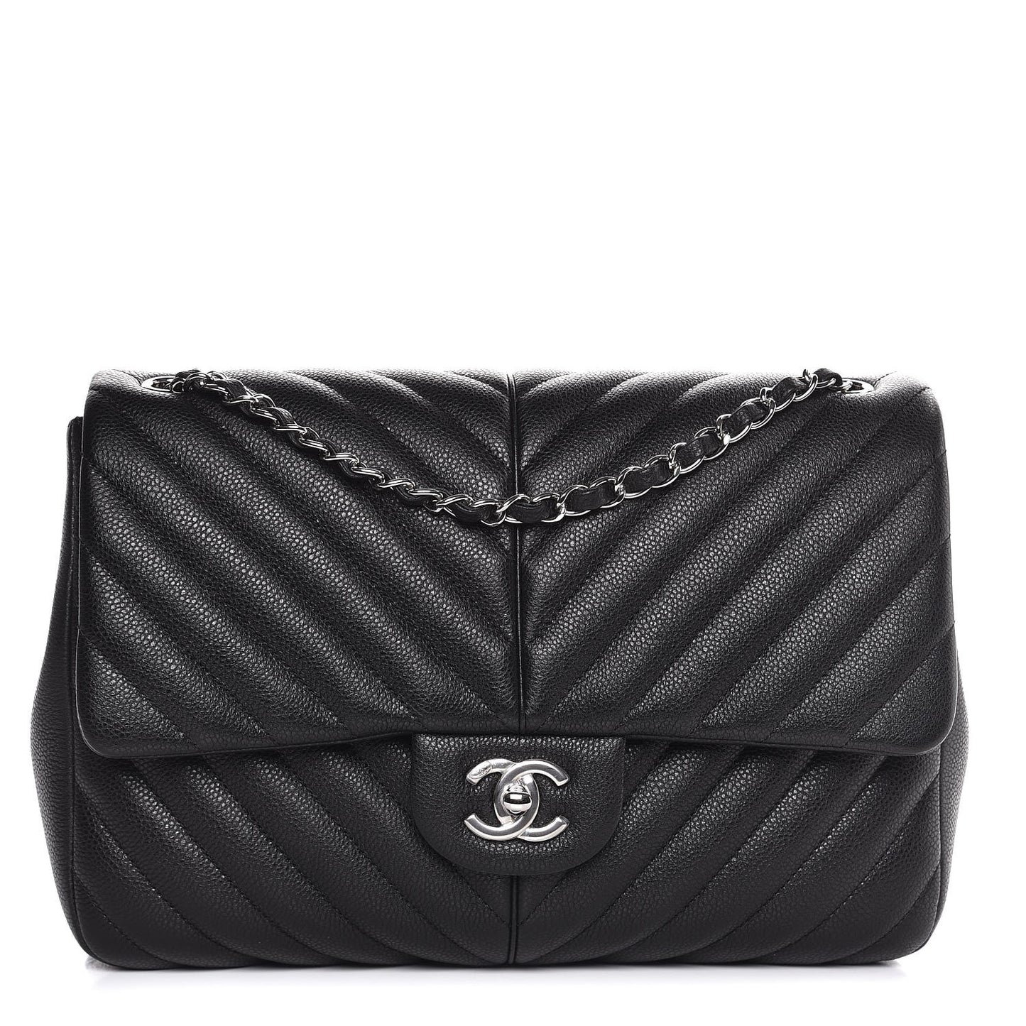 Caviar Chevron Quilted Large Puffy CC Flap Black