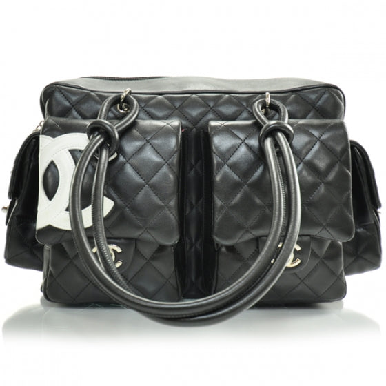 Calfskin Quilted Large Cambon Multipocket Reporter Black White