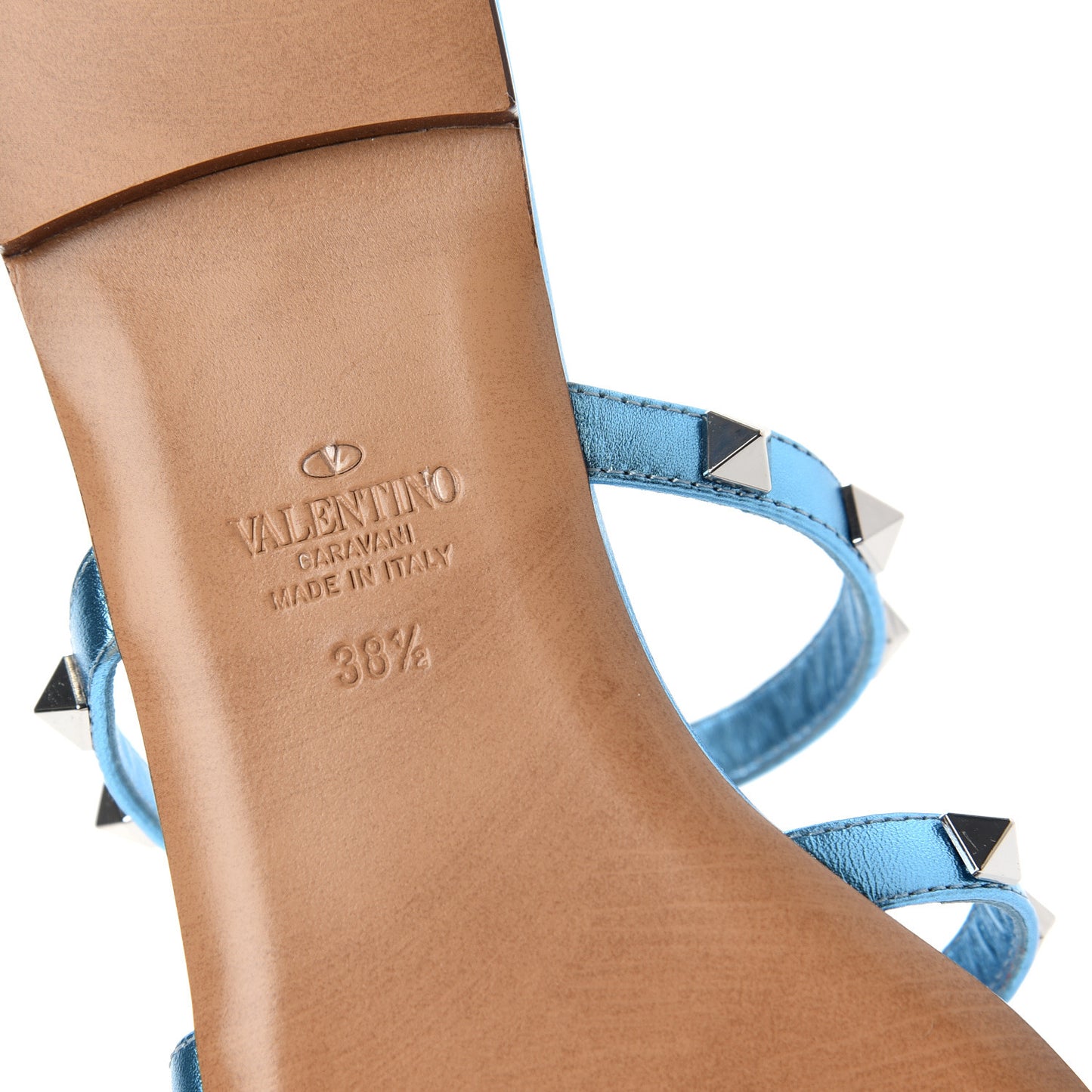 Metallic Nappa Rockstud Caged Flat Slide Sandals 38.5 Cerulean