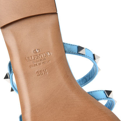 Valentino Garavani Metallic Nappa Rockstud Caged Flat Slide Sandals 38.5 Cerulean 9 of 11