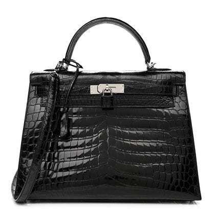 Hermes Shiny Niloticus Crocodile Kelly Sellier 32 Black 1 of 12