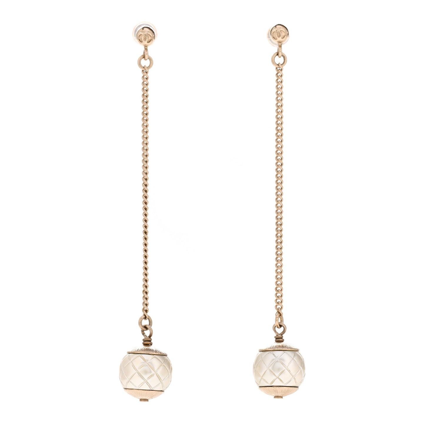 Metal Pearl Quilted CC Drop Earrings Gold