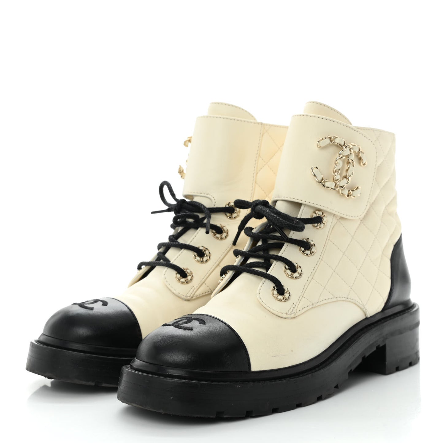Shiny Goatskin Calfskin Quilted Lace Up Combat Boots 38.5 White Black