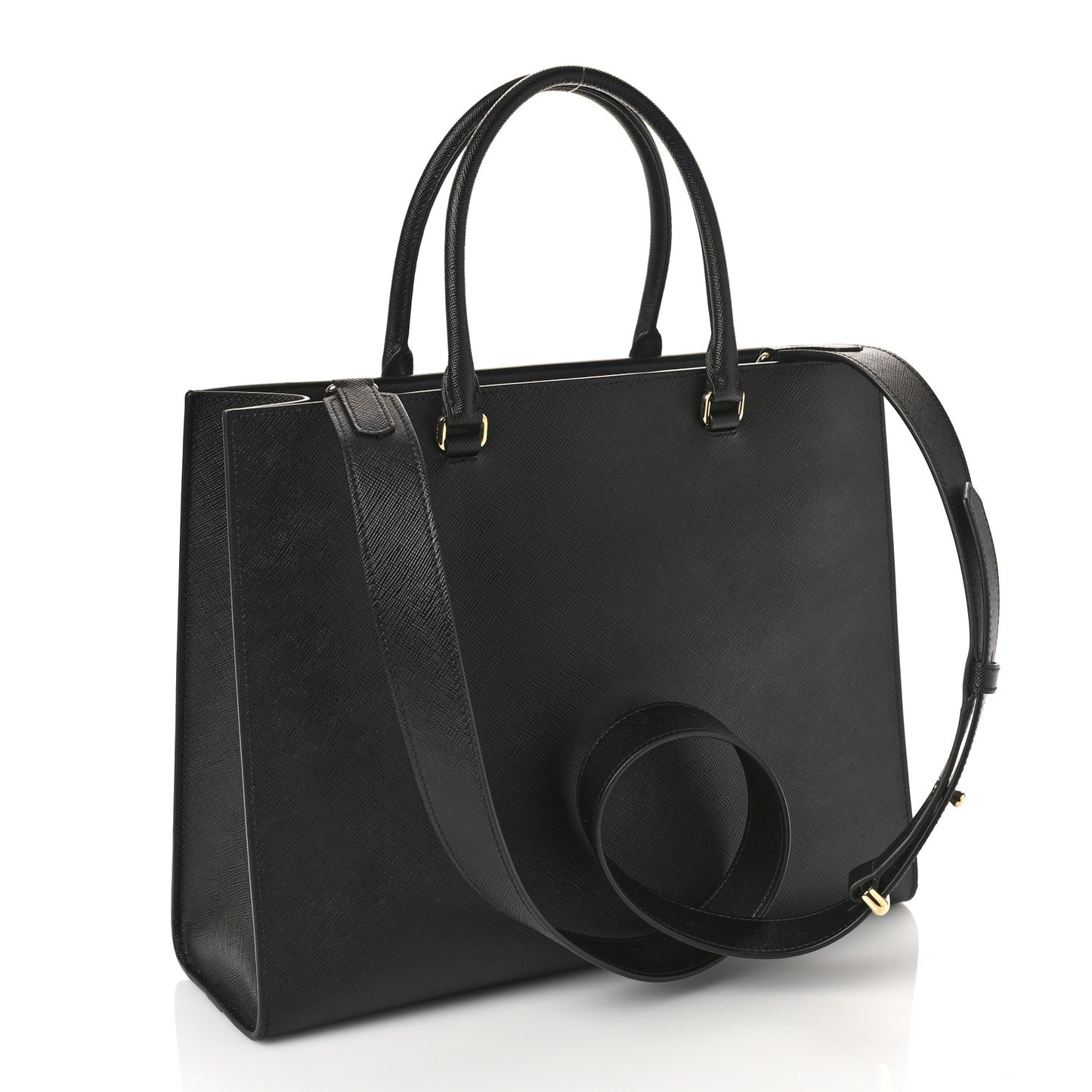 Saffiano Lux Logo Embossed Large Shoulder Tote Handbag Black