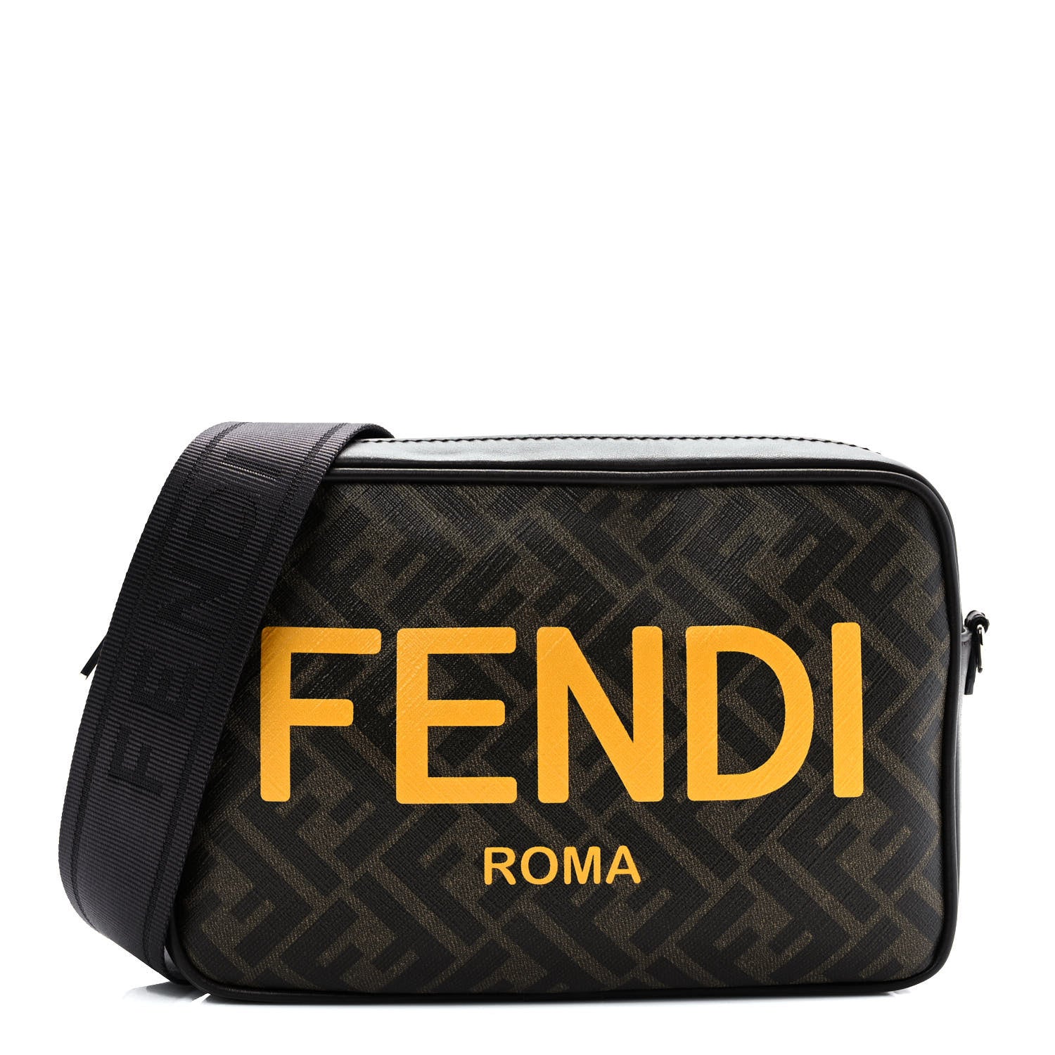 Fendi Shiny Glazed Fabric Vitello Cover FF 1974 Logo Medium Camera Case Tobacco Moro Giallo Ebano 1 of 8
