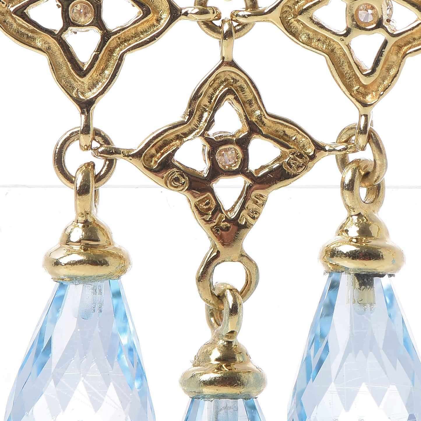 18K Yellow Gold Diamond Blue Topaz Quatrefoil Drop Earrings