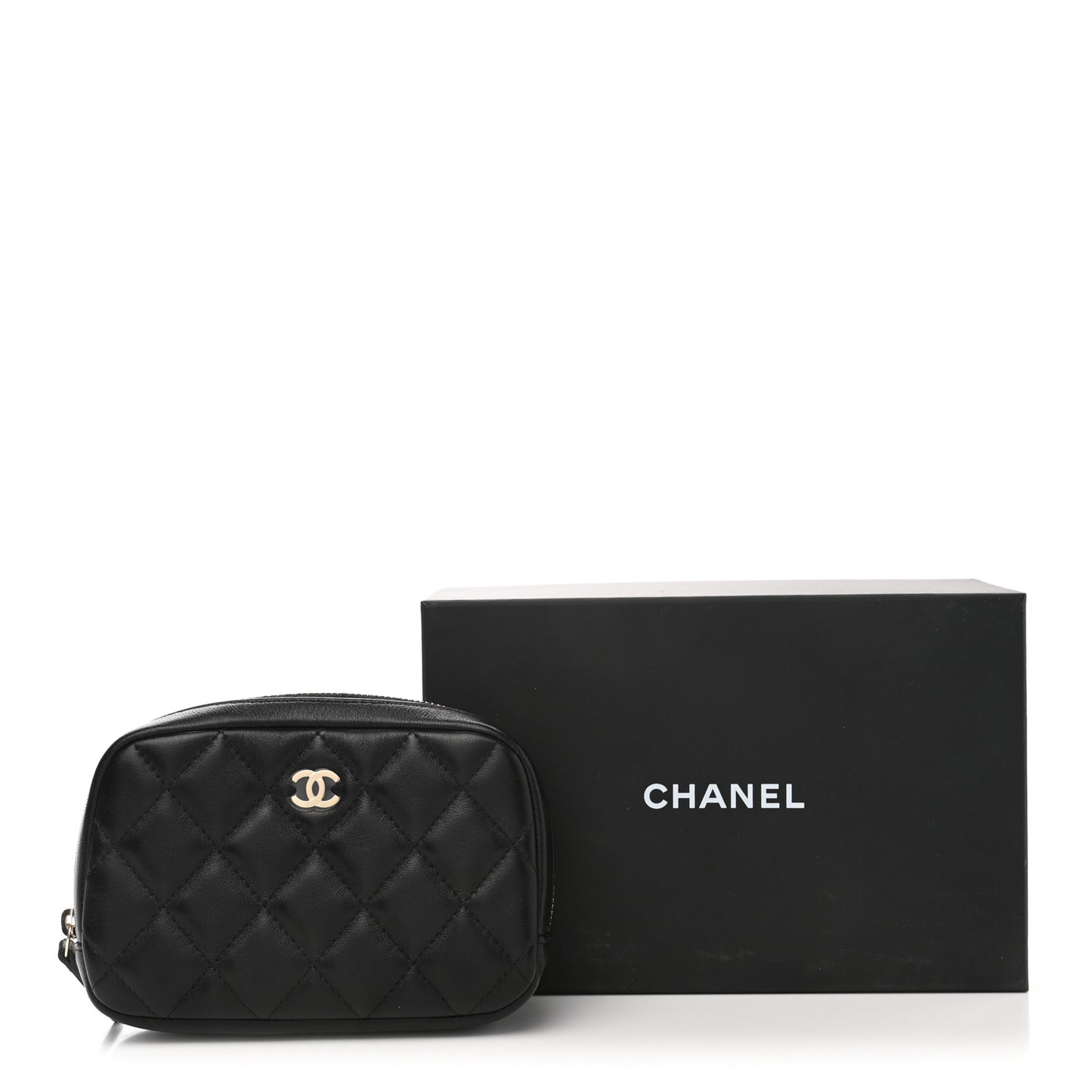 Lambskin Quilted Small Curvy Pouch Cosmetic Case Black