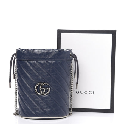 Gucci Vintage Effect Calfskin Matelasse Diagonal Mini Torchon GG Marmont 2.0 Bucket Bag Blue Agata Mystic White 9 of 9