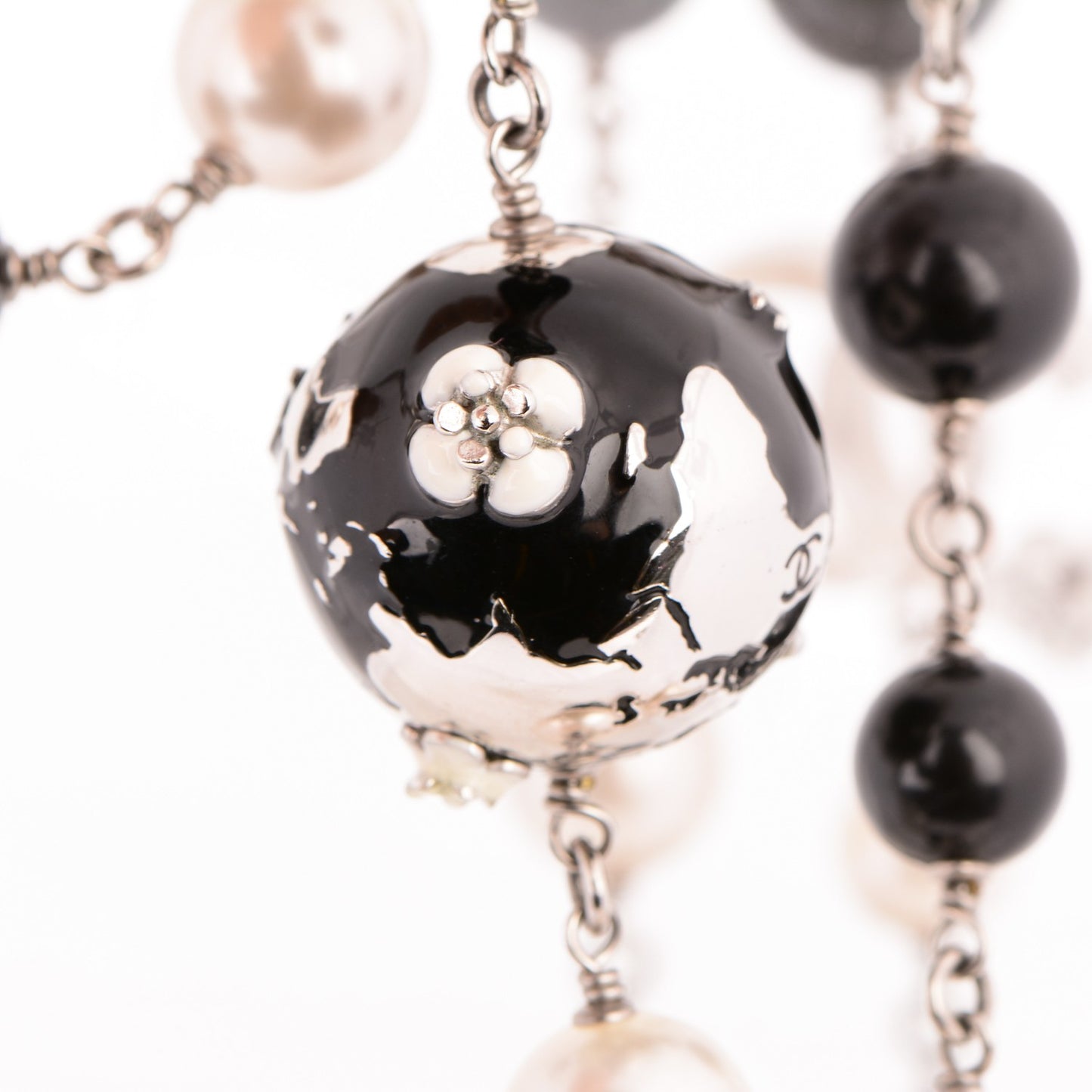 Beaded Globe Pearl CC Long Necklace Silver