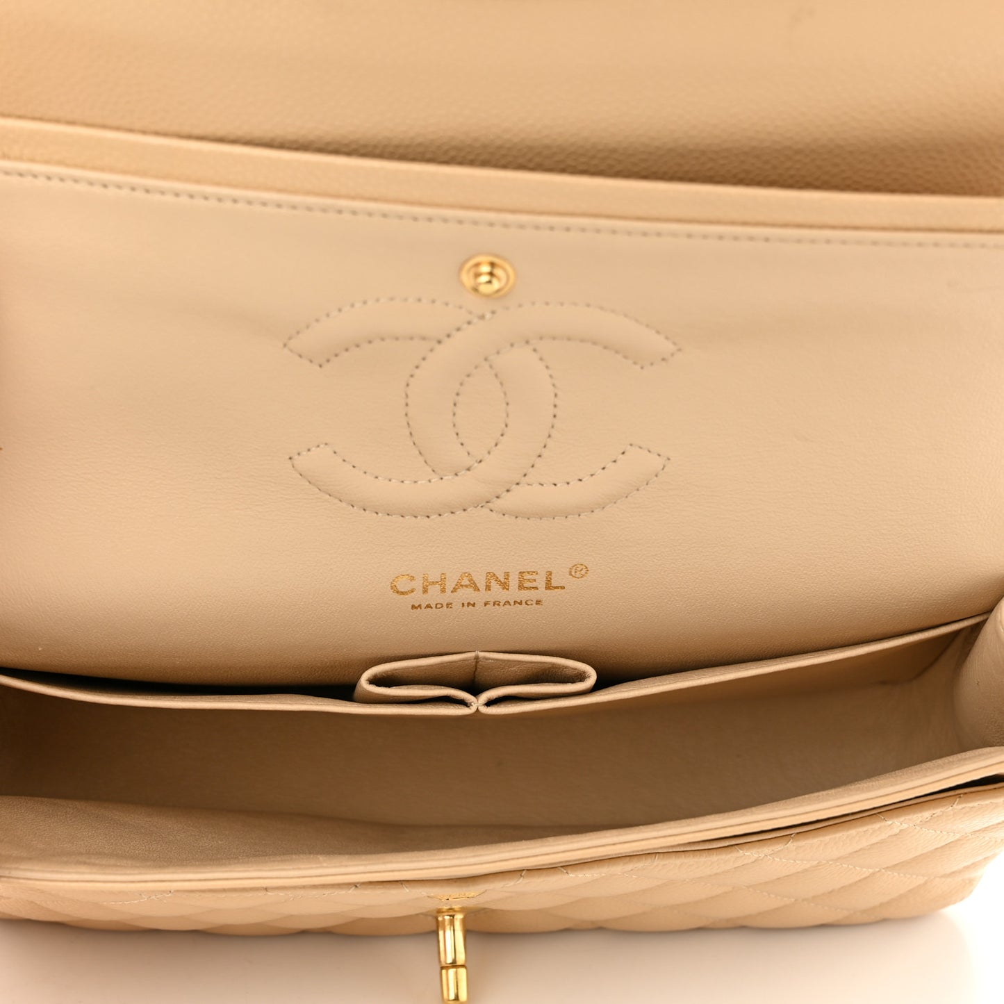 Caviar Quilted Medium Double Flap Beige