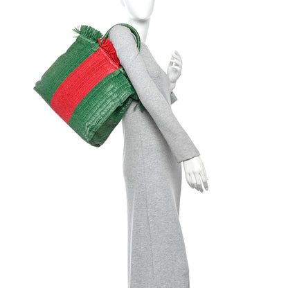 Gucci Raffia Linen Web Cestino Tote Bag Red Green 2 of 11