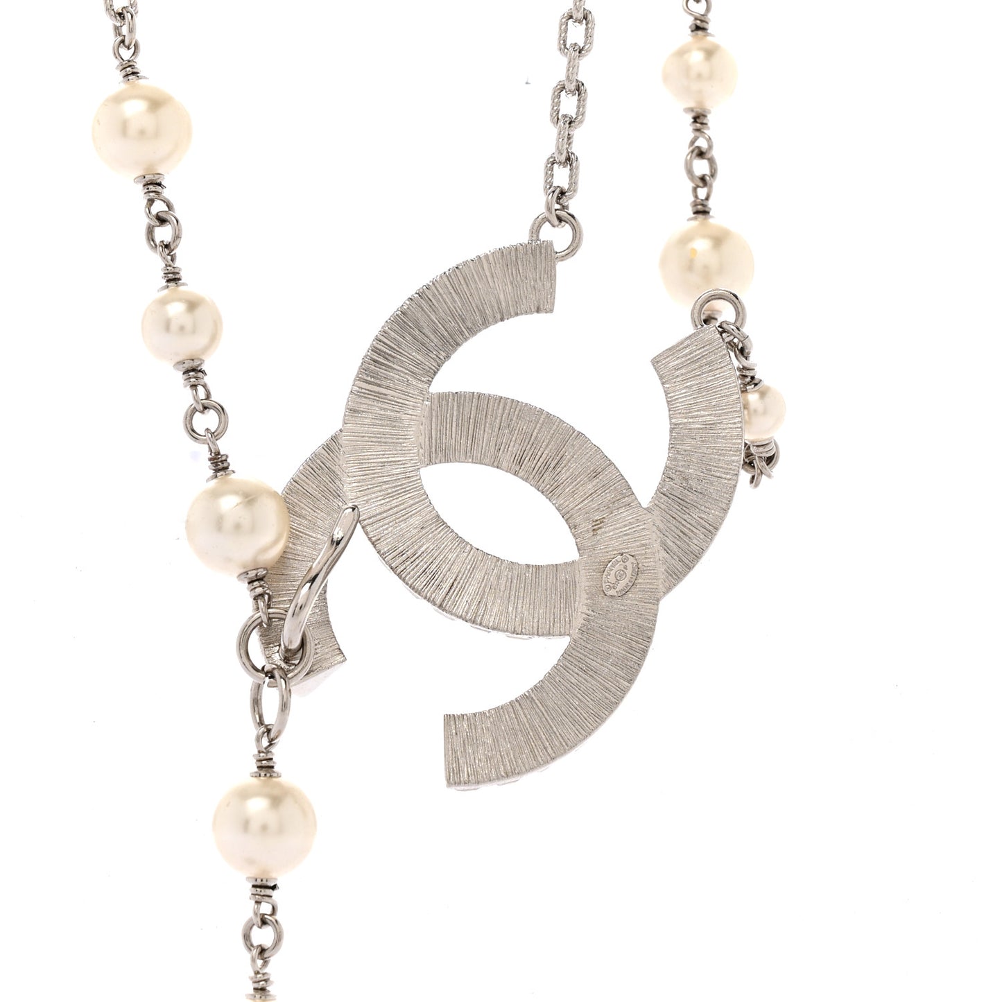 Pearl Baguette Crystal CC Long Necklace Silver