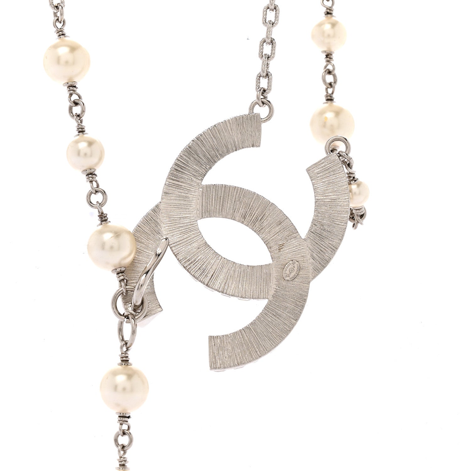 Chanel Pearl Baguette Crystal CC Long Necklace Silver 5 of 6