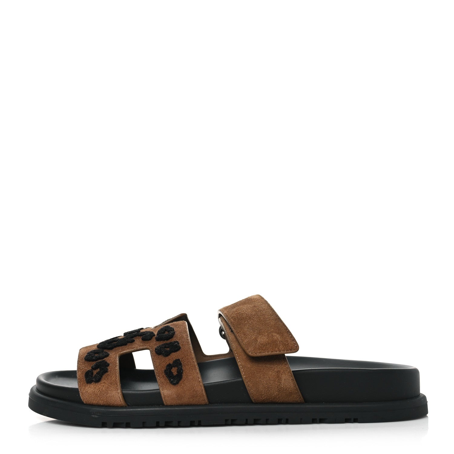 Hermes Suede Goatskin Tufted Leopard Womens Chypre Sandals 38.5 Brun Fume Black 1 of 9
