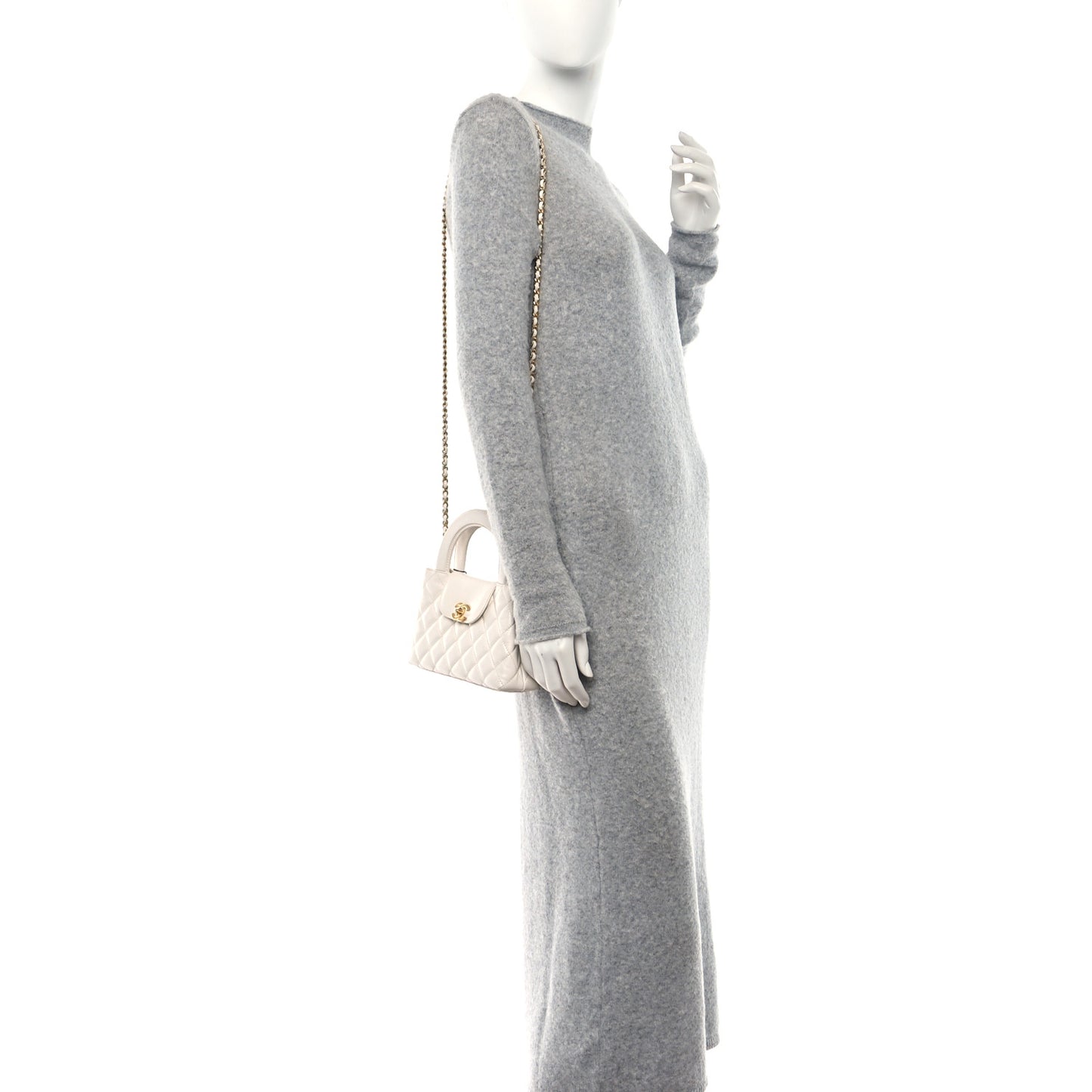 Shiny Aged Calfskin Quilted Nano Kelly Shopper White