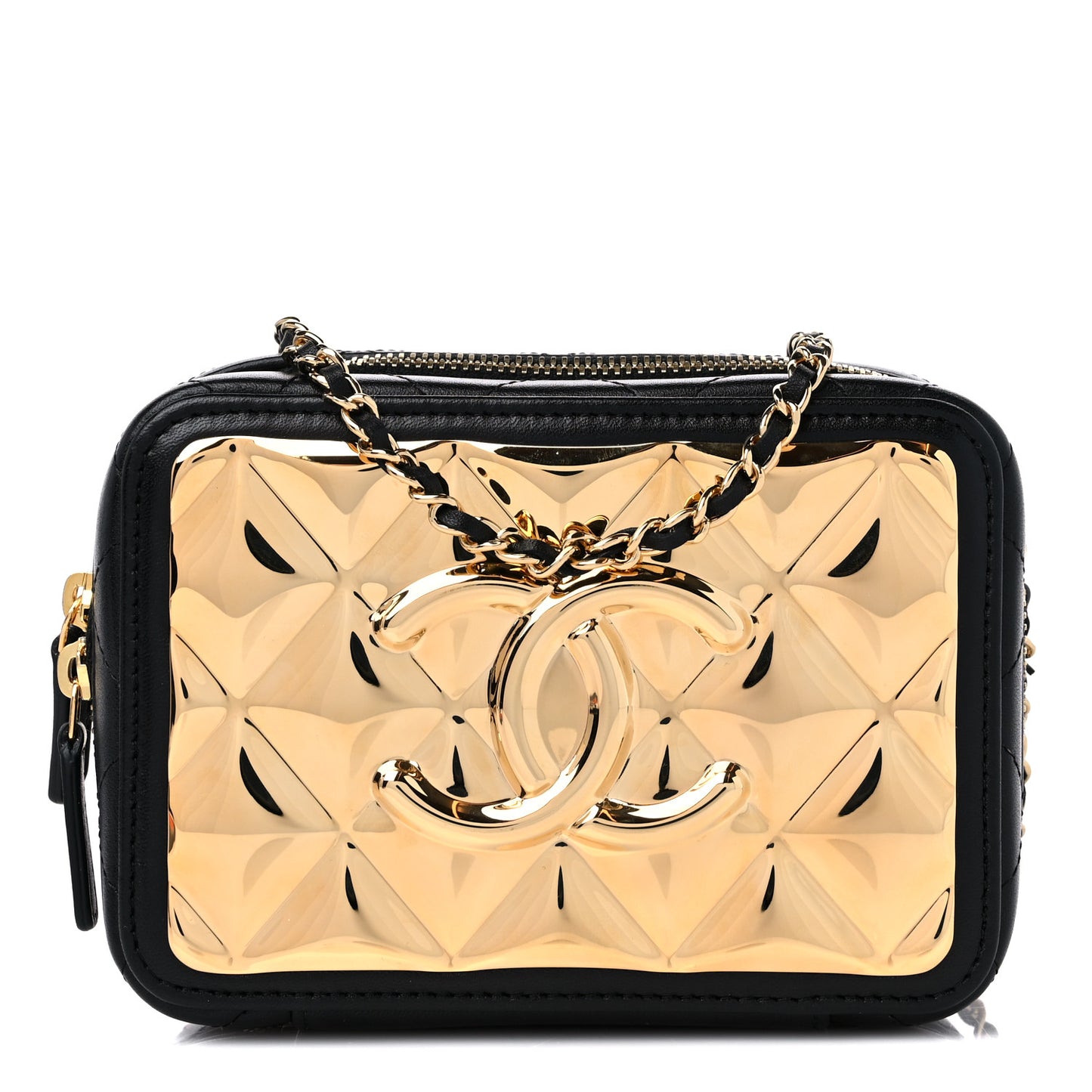 Lambskin Quilted Golden Plate Clutch With Chain Black