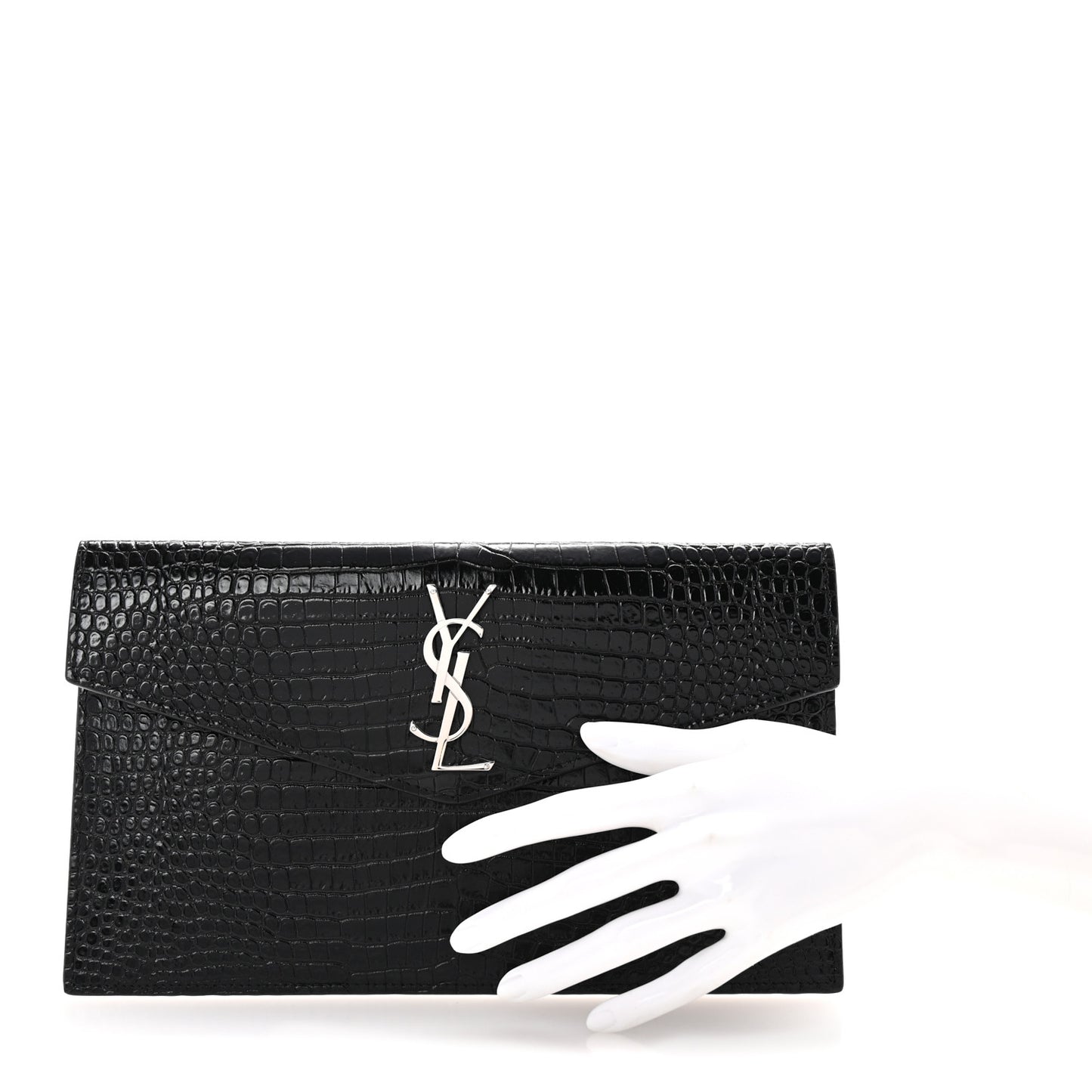 Calfskin Crocodile Embossed Uptown Monogram Clutch Black